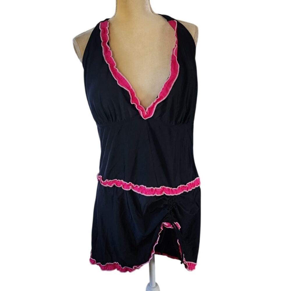 Black Hot Pink Trim Halter Swim Dress Top Swimsuit Cover up Plus Size 5X